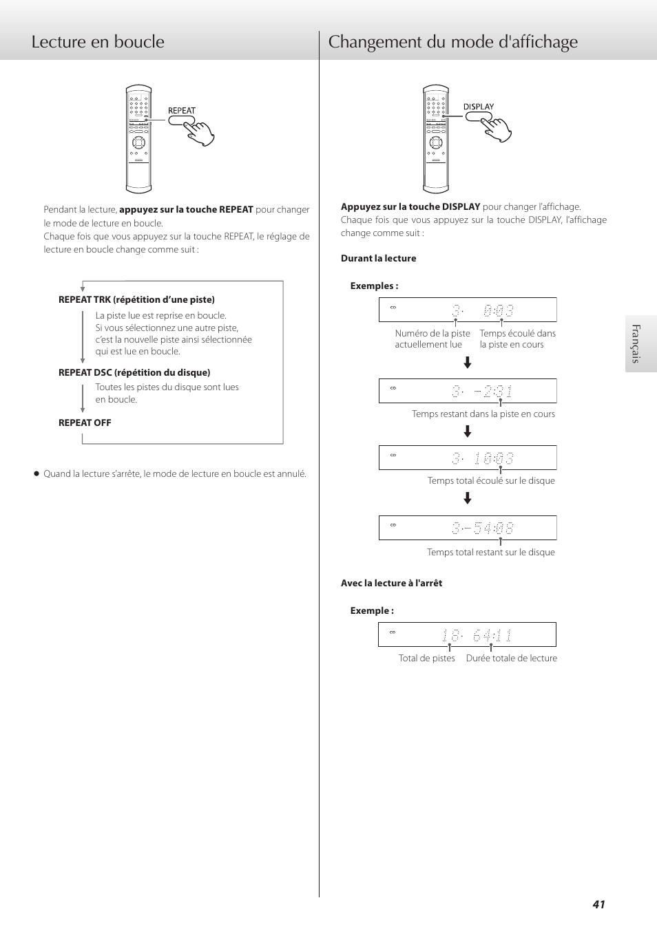 Lecture en boucle, Changement du mode d'affichage, Lecture en boucle changement du mode d'affichage | Teac K-01 User Manual | Page 41 / 76