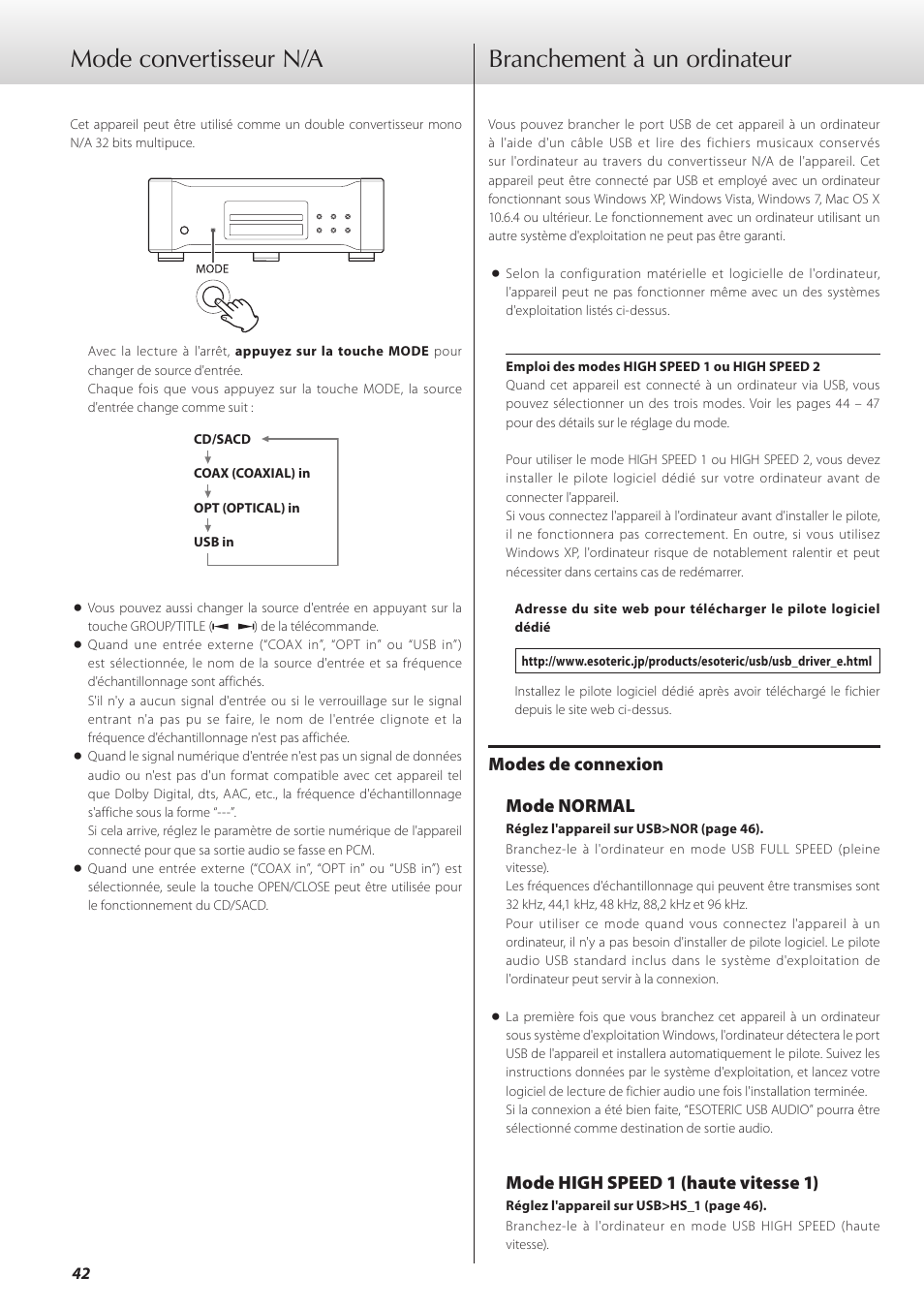 Mode convertisseur n/a, Branchement à un ordinateur, Modes de connexion mode normal | Mode high speed 1 (haute vitesse 1) | Teac K-01 User Manual | Page 42 / 76