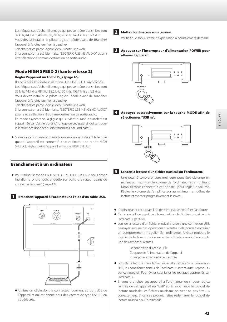 Mode high speed 2 (haute vitesse 2), Branchement à un ordinateur | Teac K-01 User Manual | Page 43 / 76