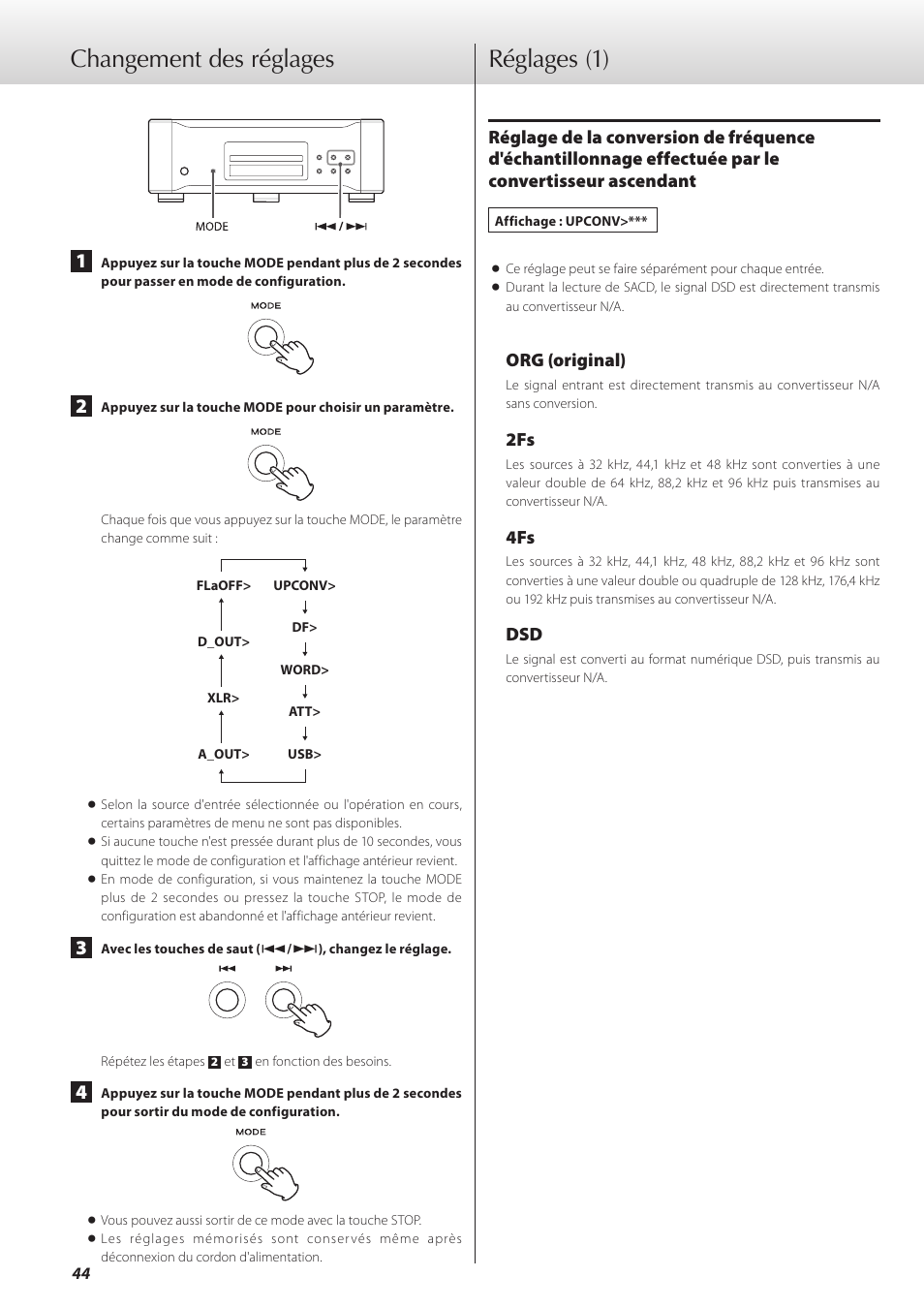 Changement des réglages, Réglages, Réglages (1) | Teac K-01 User Manual | Page 44 / 76