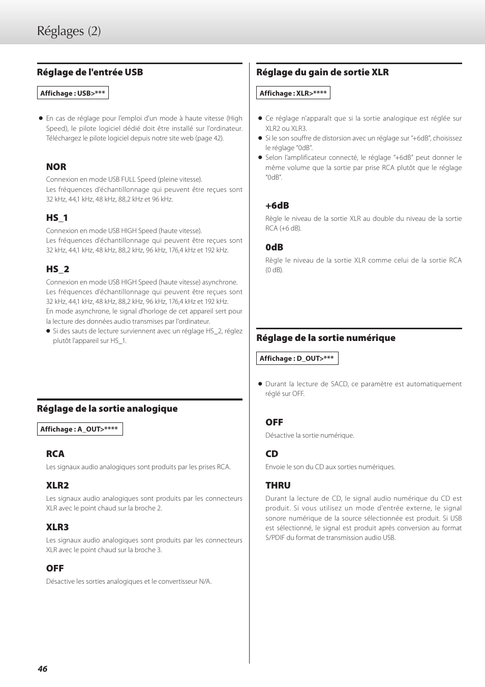 Réglages (2) | Teac K-01 User Manual | Page 46 / 76