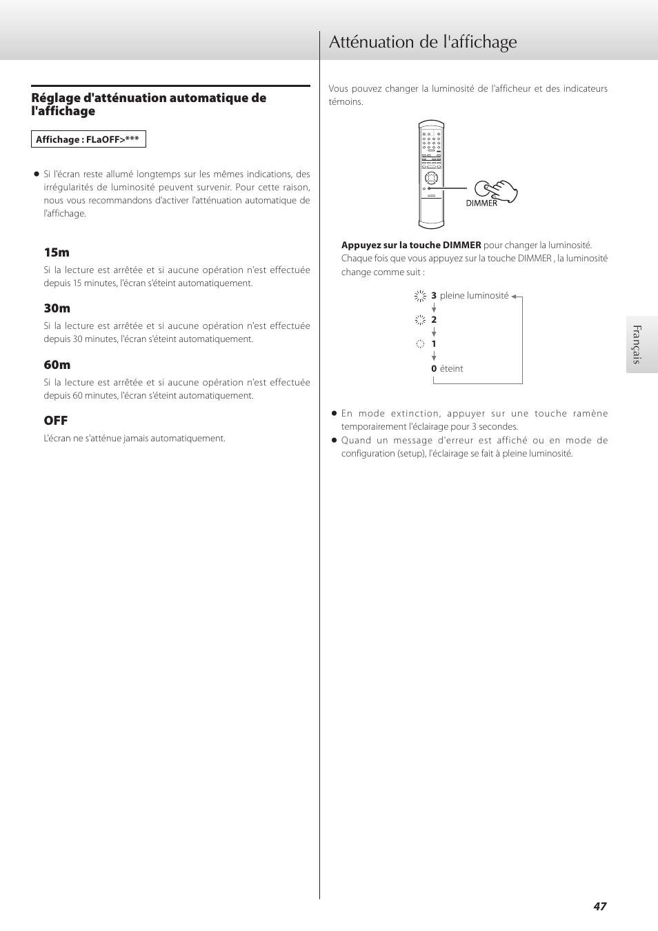 Atténuation de l'affichage, Réglage d'atténuation automatique de l'affichage | Teac K-01 User Manual | Page 47 / 76