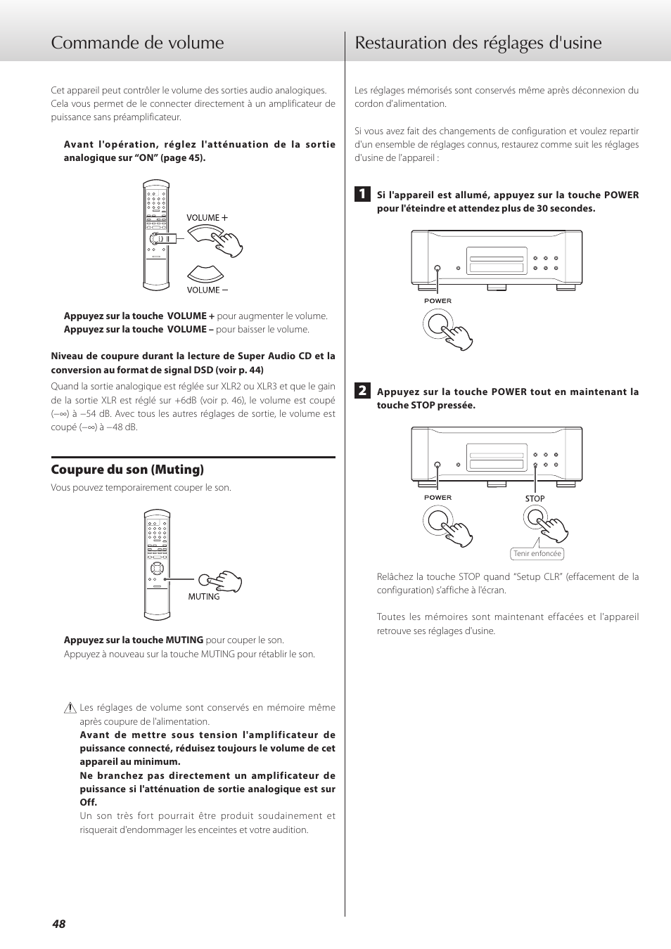 Commande de volume, Restauration des réglages d'usine | Teac K-01 User Manual | Page 48 / 76