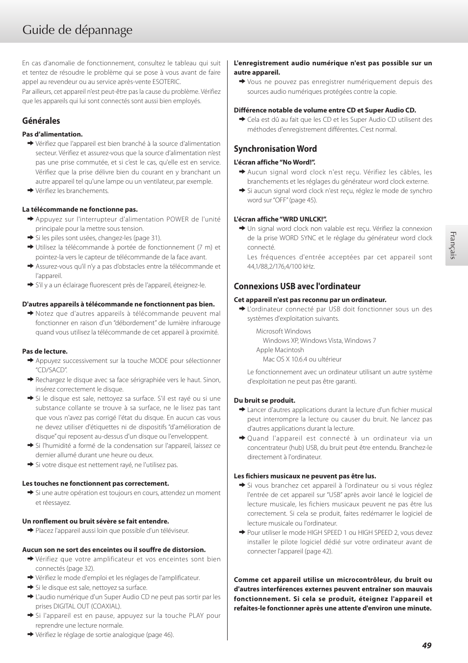 Guide de dépannage, Générales, Synchronisation word | Connexions usb avec l'ordinateur | Teac K-01 User Manual | Page 49 / 76