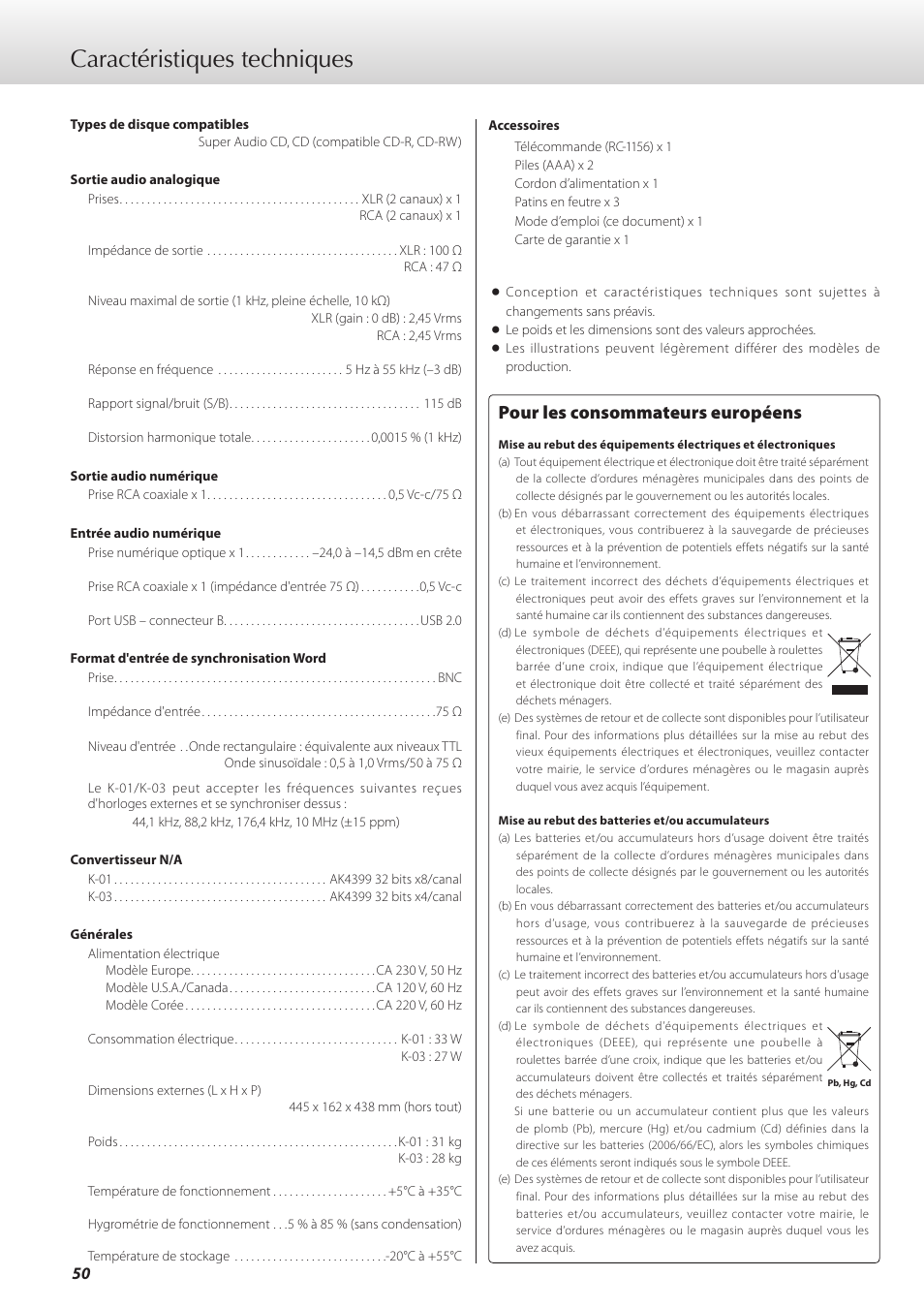 Caractéristiques techniques, Pour les consommateurs européens | Teac K-01 User Manual | Page 50 / 76