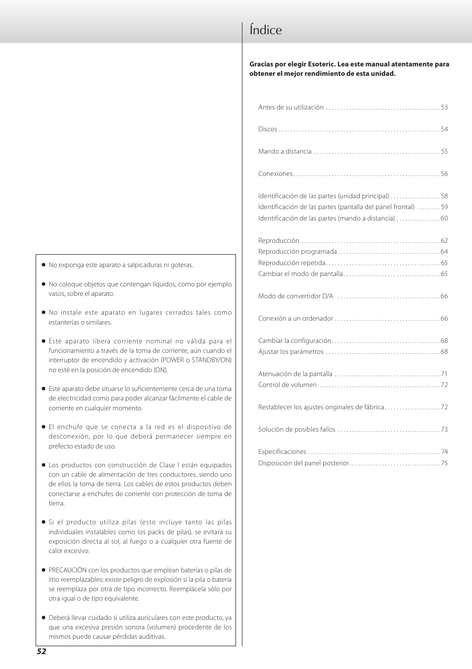 Español, Índice | Teac K-01 User Manual | Page 52 / 76