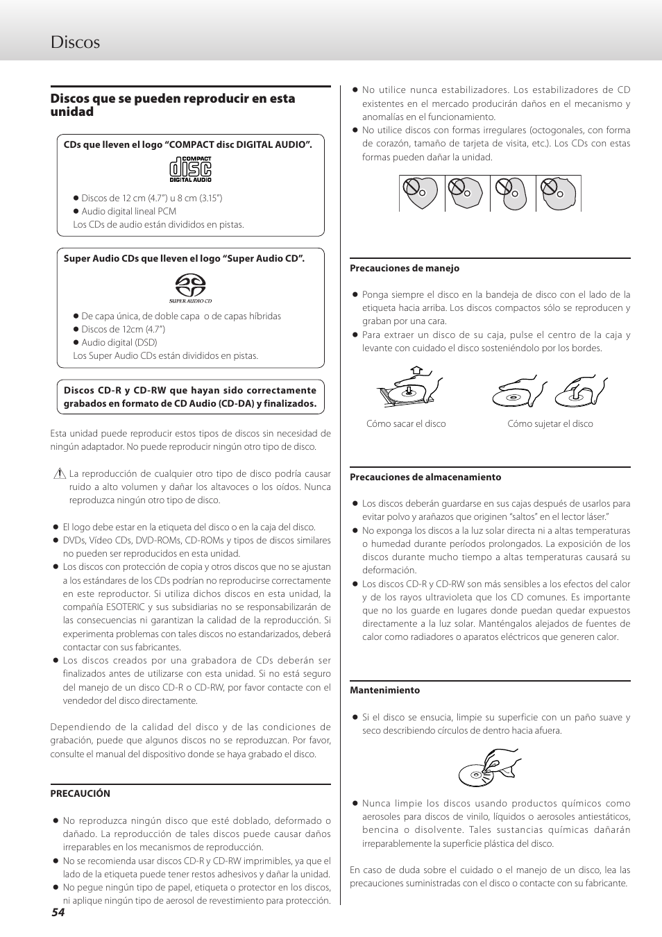 Discos, Discos que se pueden reproducir en esta unidad | Teac K-01 User Manual | Page 54 / 76