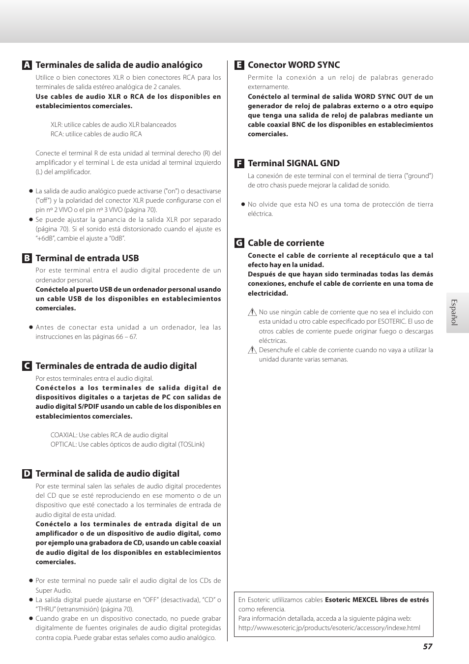 Aterminales de salida de audio analógico, Bterminal de entrada usb, Cterminales de entrada de audio digital | Dterminal de salida de audio digital, Econector word sync, Fterminal signal gnd, Gcable de corriente | Teac K-01 User Manual | Page 57 / 76