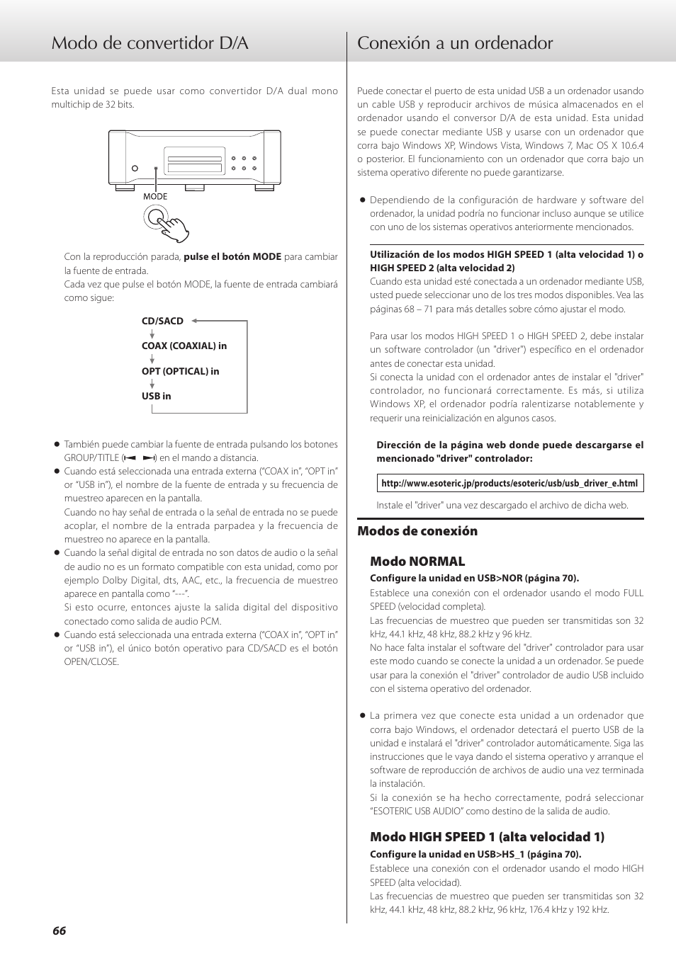 Modo de convertidor d/a, Conexión a un ordenador, Modos de conexión modo normal | Modo high speed 1 (alta velocidad 1) | Teac K-01 User Manual | Page 66 / 76