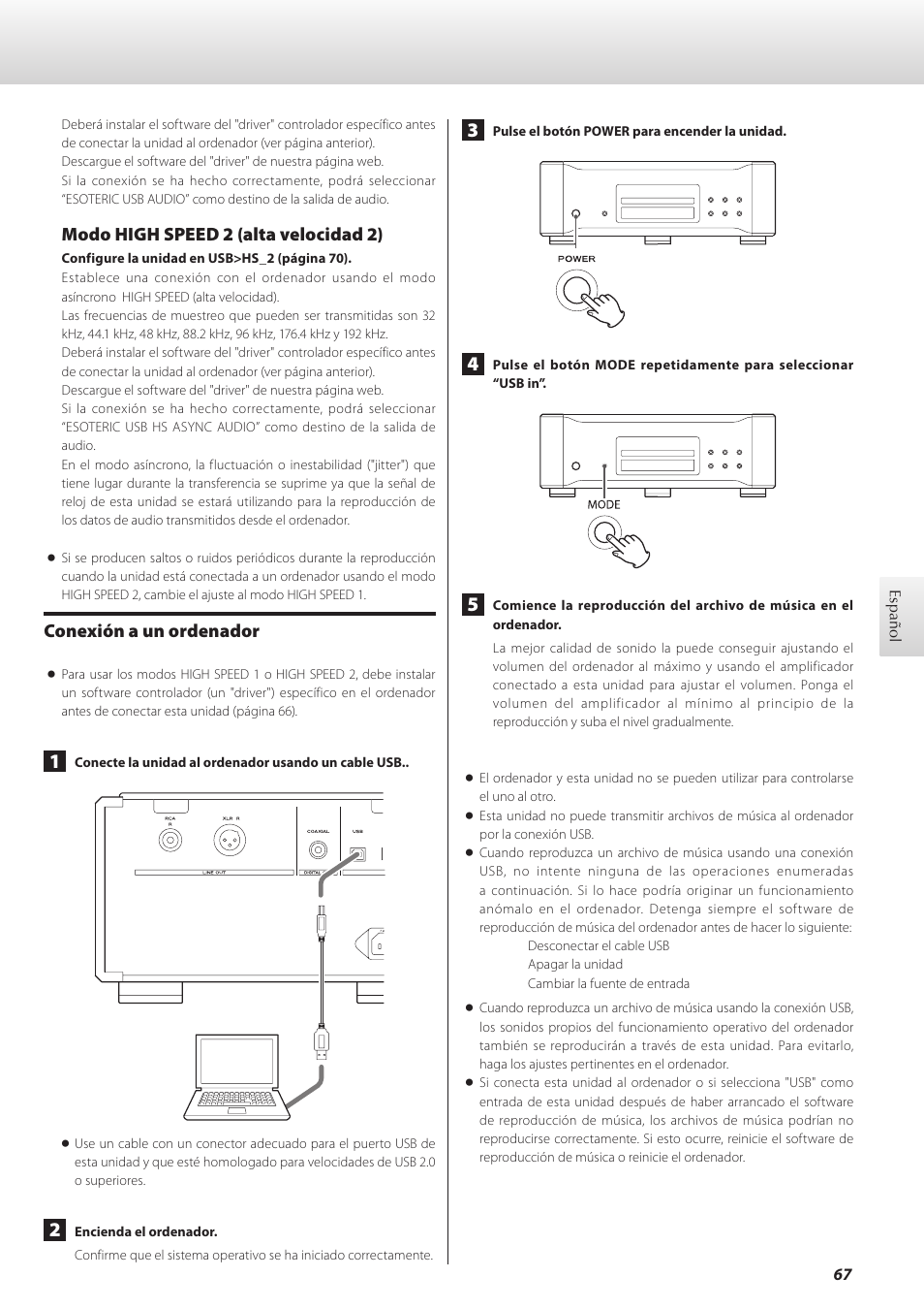 Modo high speed 2 (alta velocidad 2), Conexión a un ordenador | Teac K-01 User Manual | Page 67 / 76