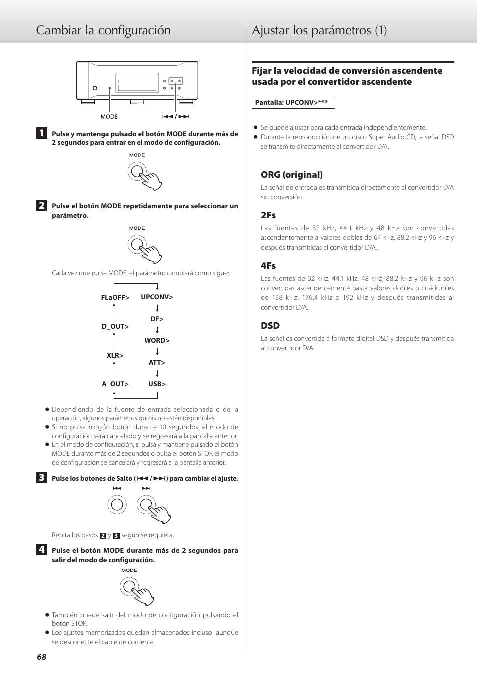 Cambiar la configuración, Ajustar los parámetros, Ajustar los parámetros (1) | Org (original) | Teac K-01 User Manual | Page 68 / 76