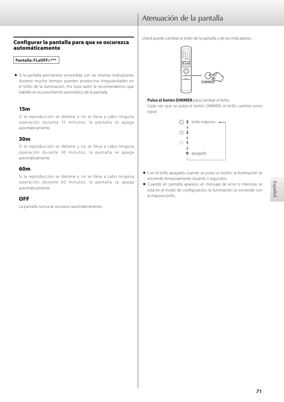 Atenuación de la pantalla | Teac K-01 User Manual | Page 71 / 76