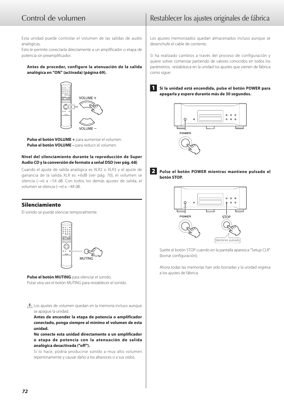 Control de volumen, Restablecer los ajustes originales de fábrica | Teac K-01 User Manual | Page 72 / 76