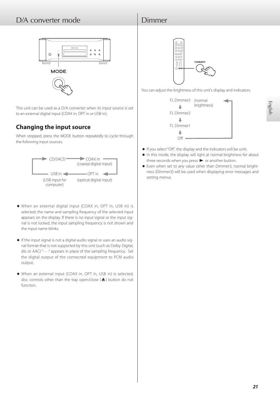 D/a converter mode, Dimmer, D/a converter mode dimmer | Changing the input source | Teac K-01X User Manual | Page 21 / 84