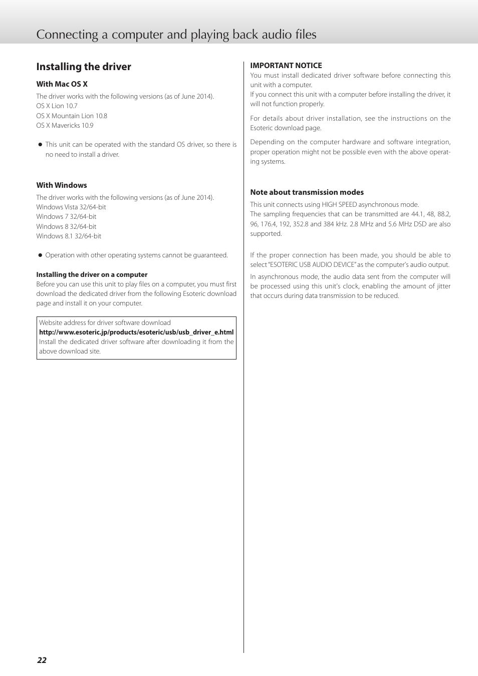 Connecting a computer and playing back audio files, Installing the driver | Teac K-01X User Manual | Page 22 / 84