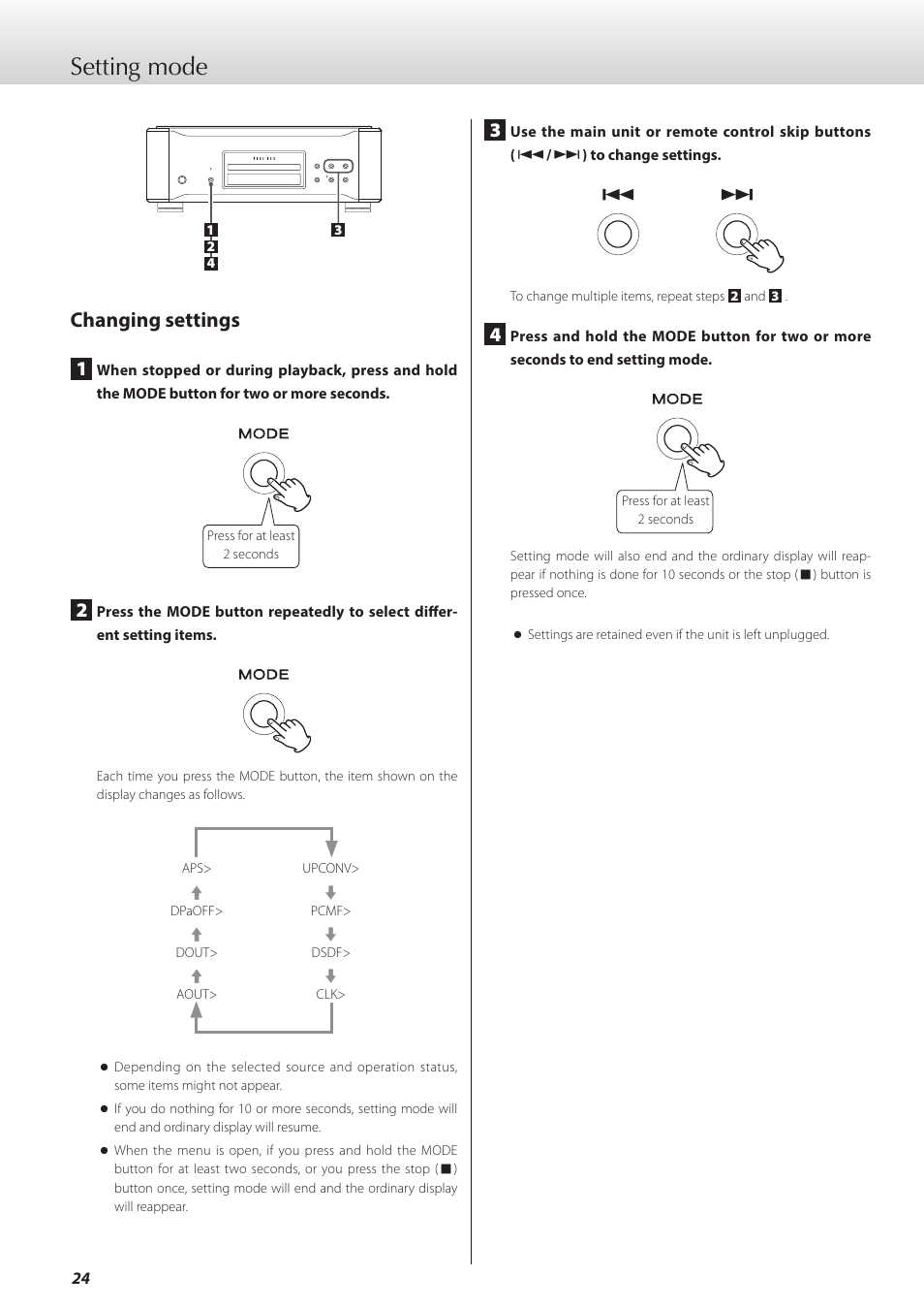 Setting mode, Changing settings | Teac K-01X User Manual | Page 24 / 84