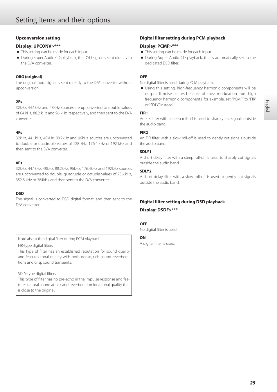 Setting items and their options | Teac K-01X User Manual | Page 25 / 84