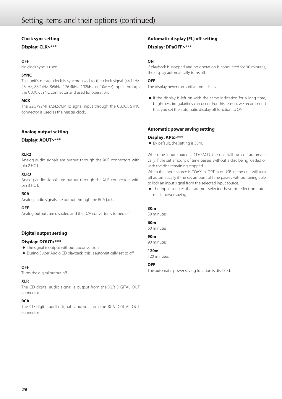 Setting items and their options (continued) | Teac K-01X User Manual | Page 26 / 84