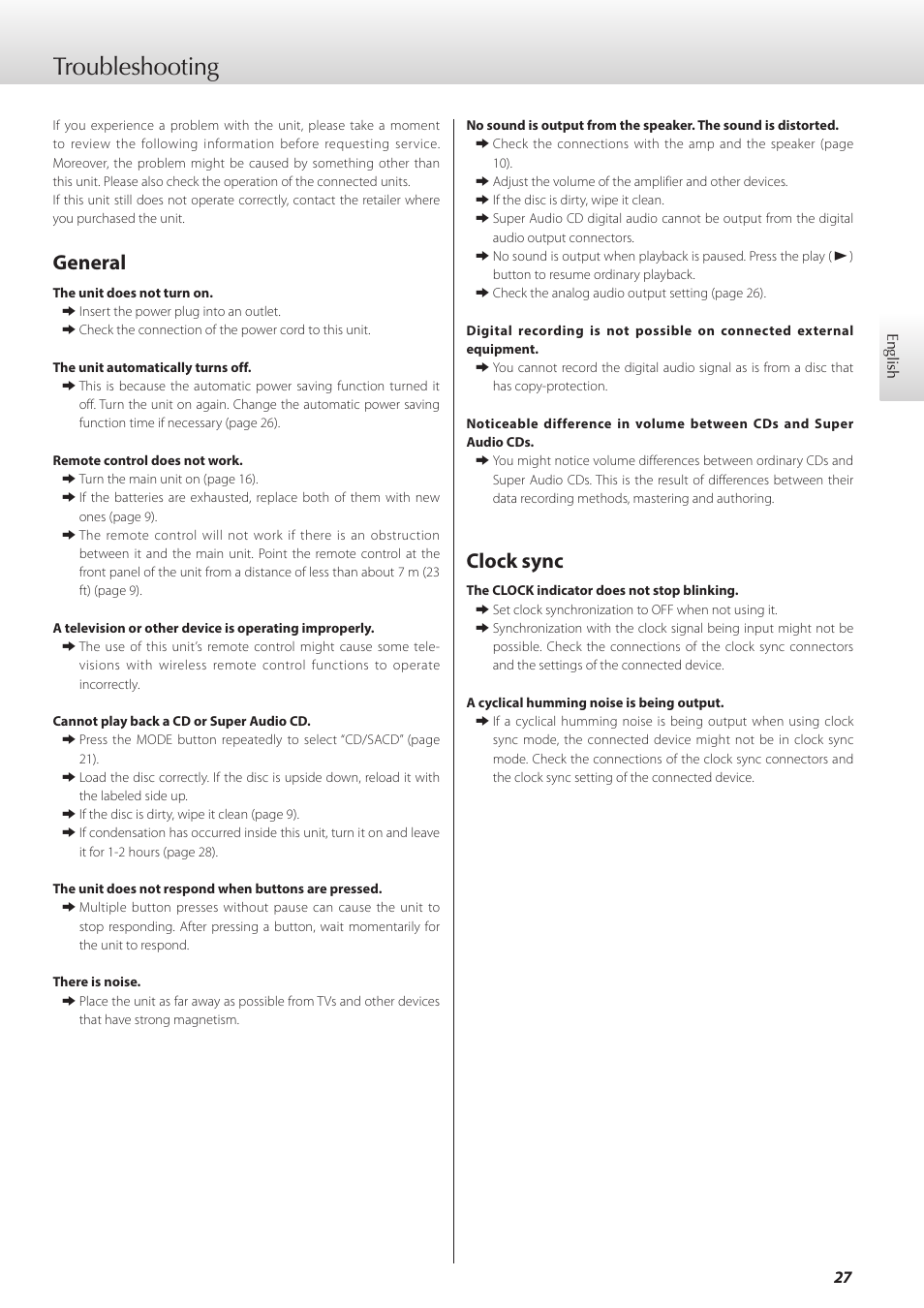 Troubleshooting, General, Clock sync | Teac K-01X User Manual | Page 27 / 84