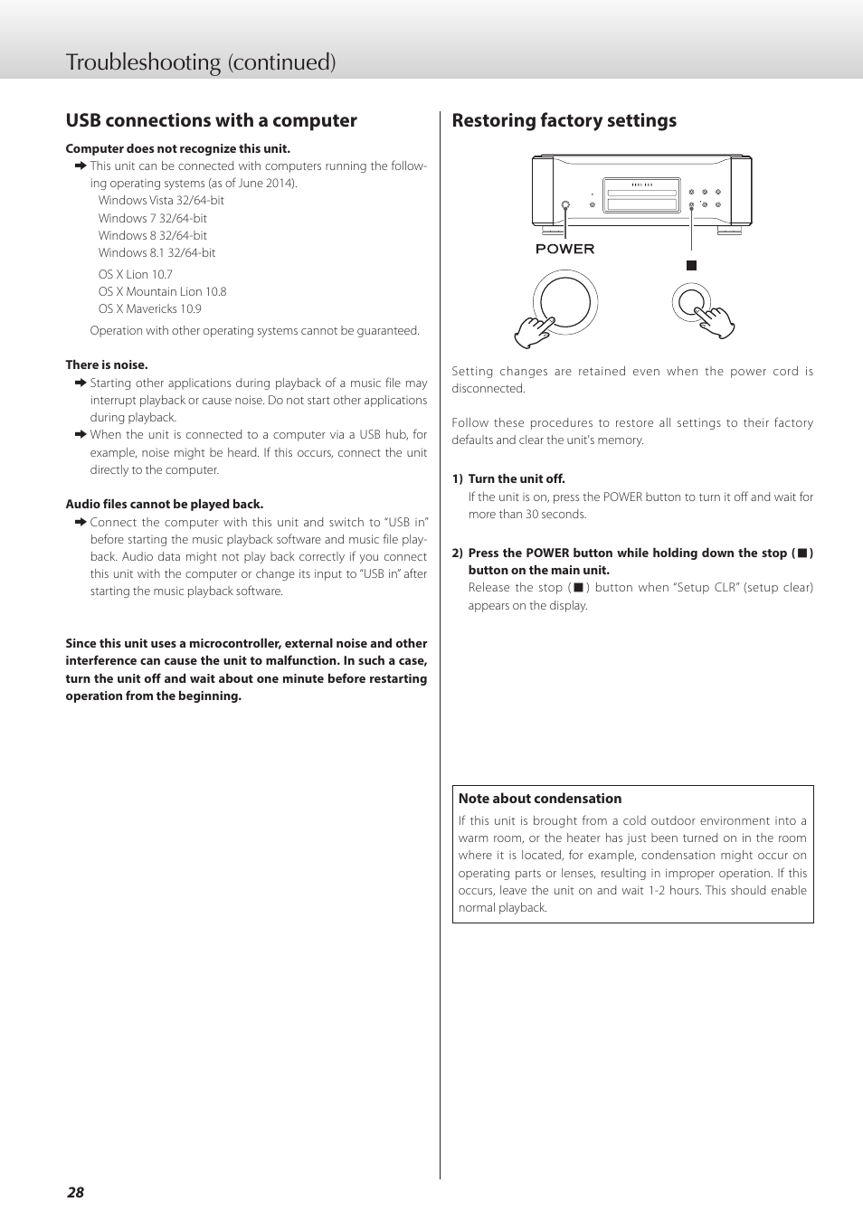 Troubleshooting (continued), Usb connections with a computer, Restoring factory settings | Teac K-01X User Manual | Page 28 / 84