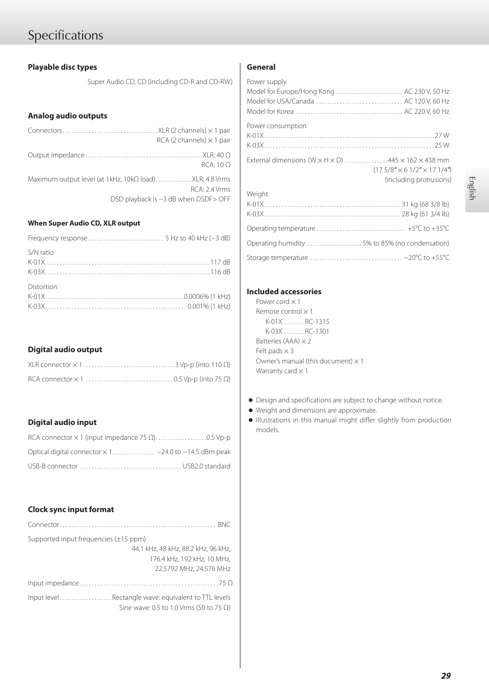 Specifications | Teac K-01X User Manual | Page 29 / 84