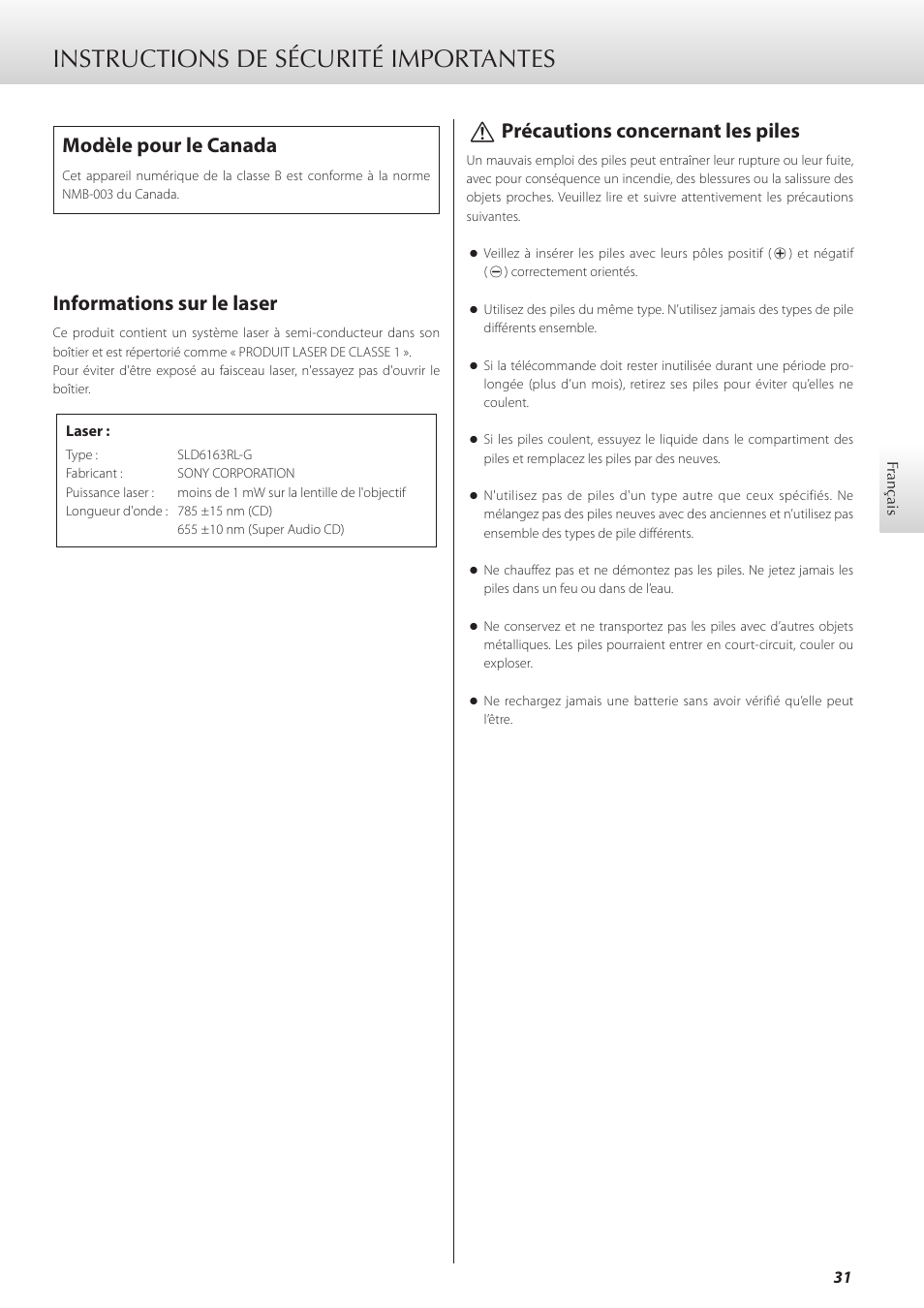 Français, Instructions de sécurité importantes, Modèle pour le canada | Informations sur le laser, Vprécautions concernant les piles | Teac K-01X User Manual | Page 31 / 84