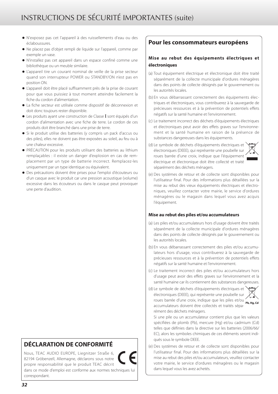 Instructions de sécurité importantes (suite), Pour les consommateurs européens, Déclaration de conformité | Teac K-01X User Manual | Page 32 / 84