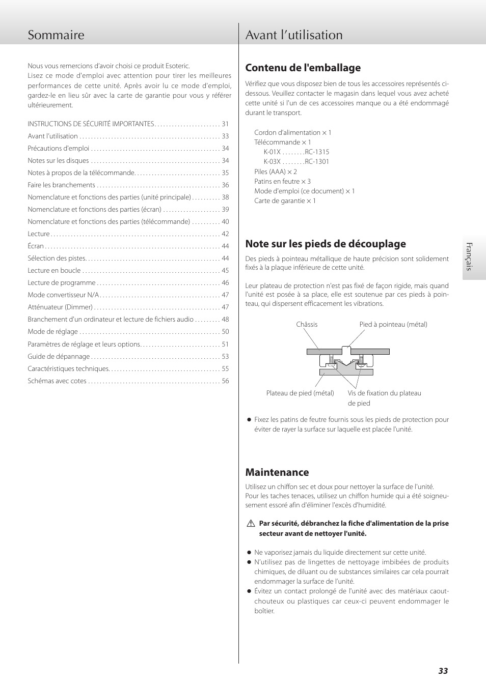 Avant l’utilisation, Sommaire, Contenu de l'emballage | Maintenance | Teac K-01X User Manual | Page 33 / 84