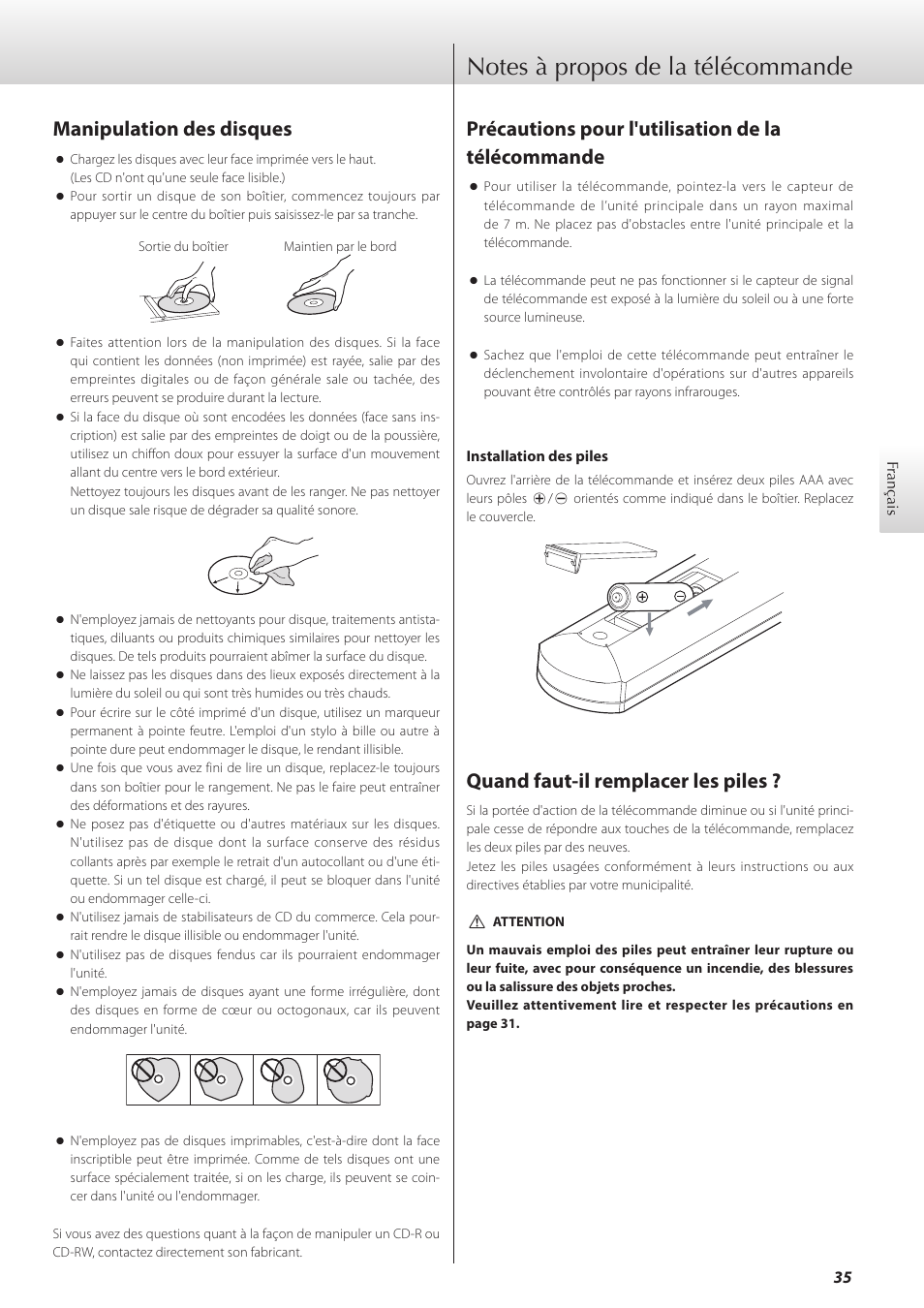 Notes à propos de la télécommande, Précautions pour l'utilisation de la télécommande, Quand faut-il remplacer les piles | Manipulation des disques | Teac K-01X User Manual | Page 35 / 84