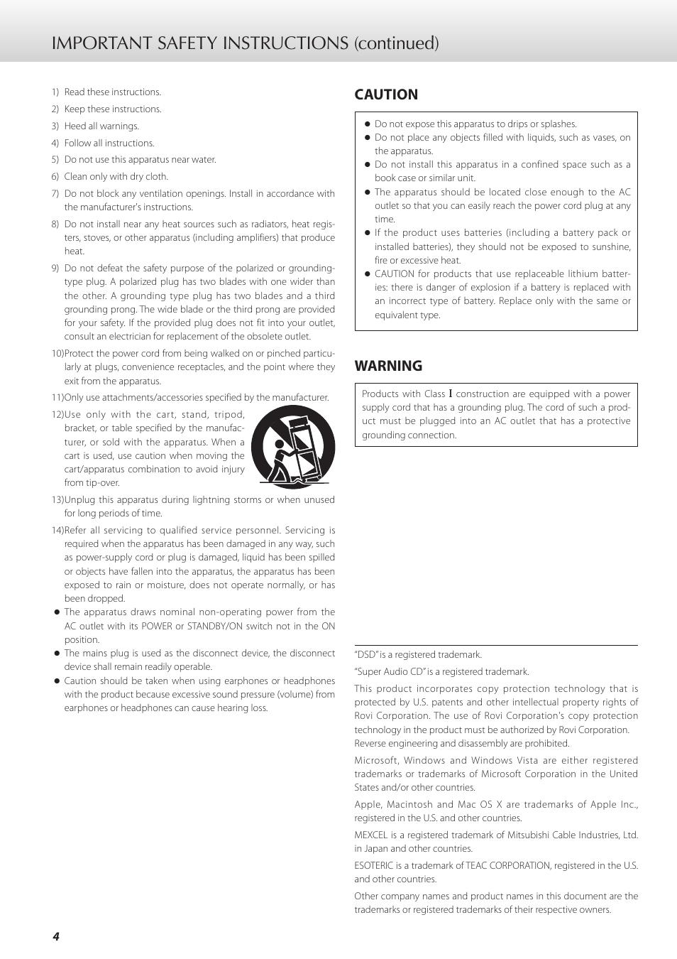 Important safety instructions (continued), Caution, Warning | Teac K-01X User Manual | Page 4 / 84
