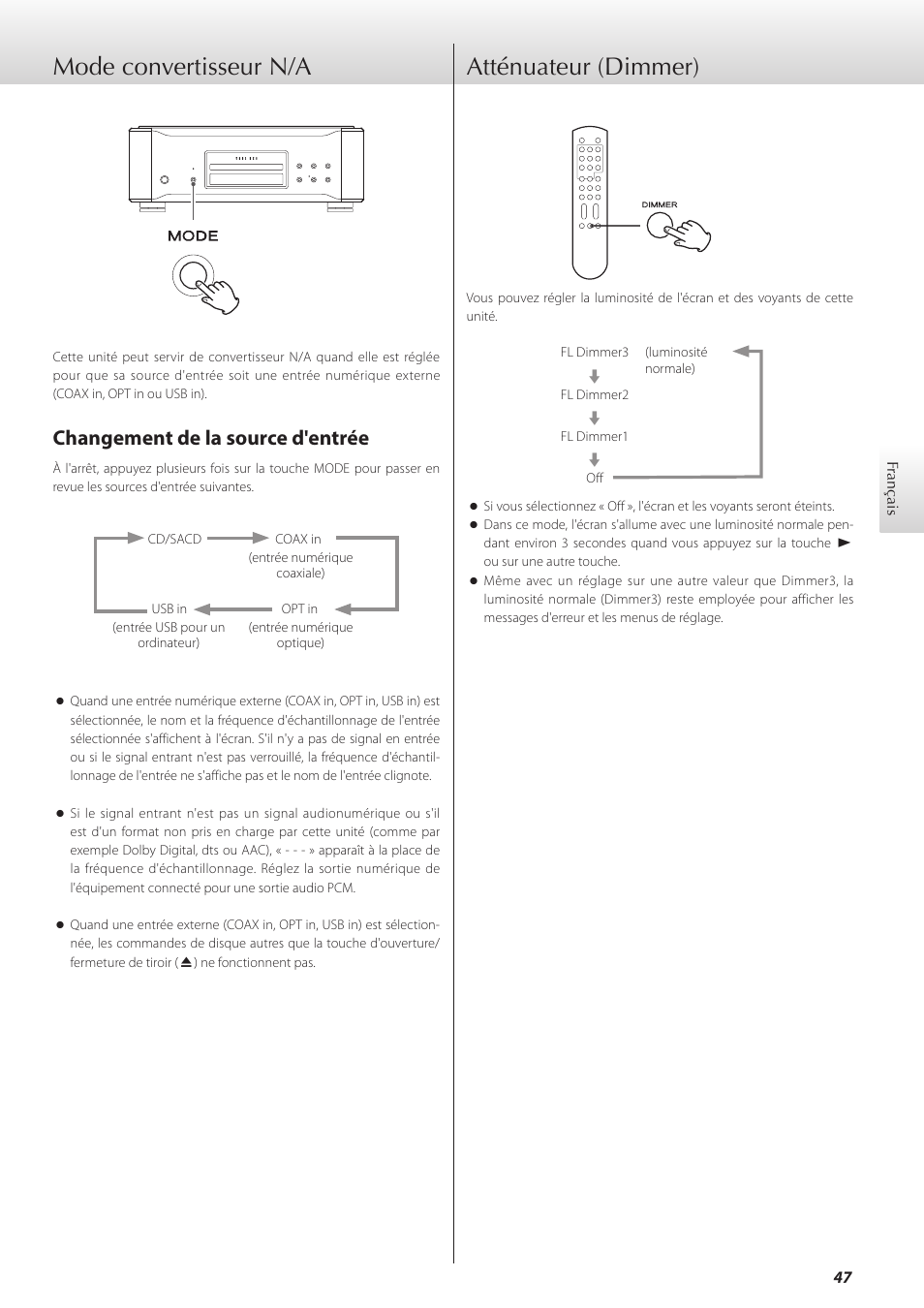 Mode convertisseur n/a, Atténuateur (dimmer), Mode convertisseur n/a atténuateur (dimmer) | Changement de la source d'entrée | Teac K-01X User Manual | Page 47 / 84