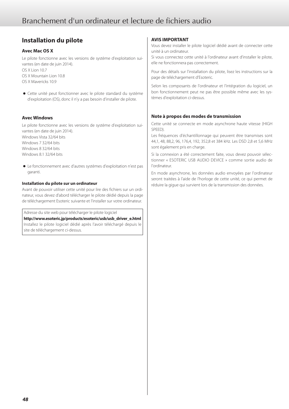 Installation du pilote | Teac K-01X User Manual | Page 48 / 84