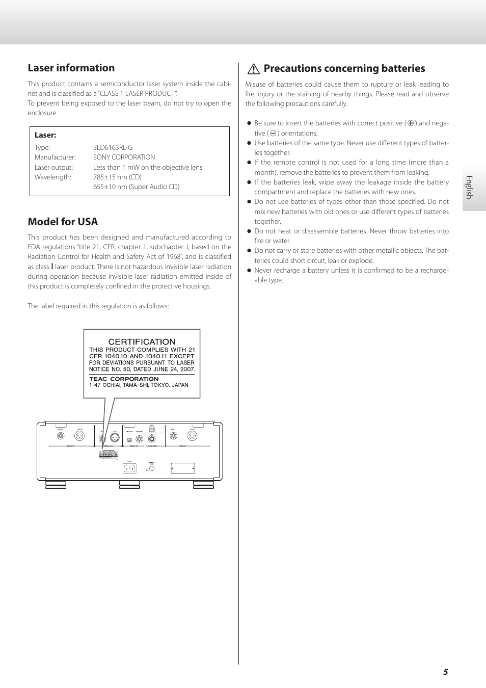 Laser information, Model for usa, Vprecautions concerning batteries | Teac K-01X User Manual | Page 5 / 84