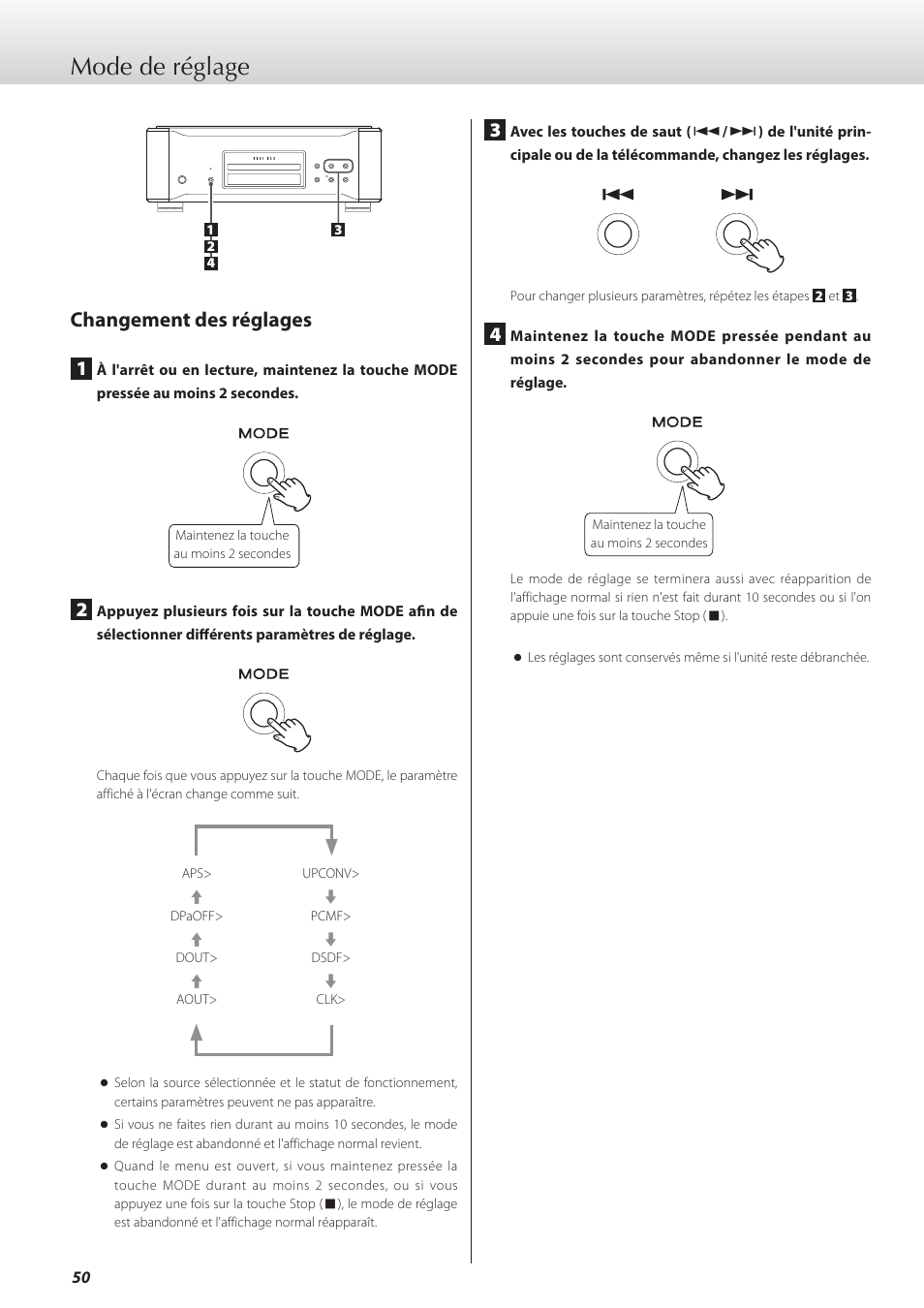 Mode de réglage, Changement des réglages | Teac K-01X User Manual | Page 50 / 84
