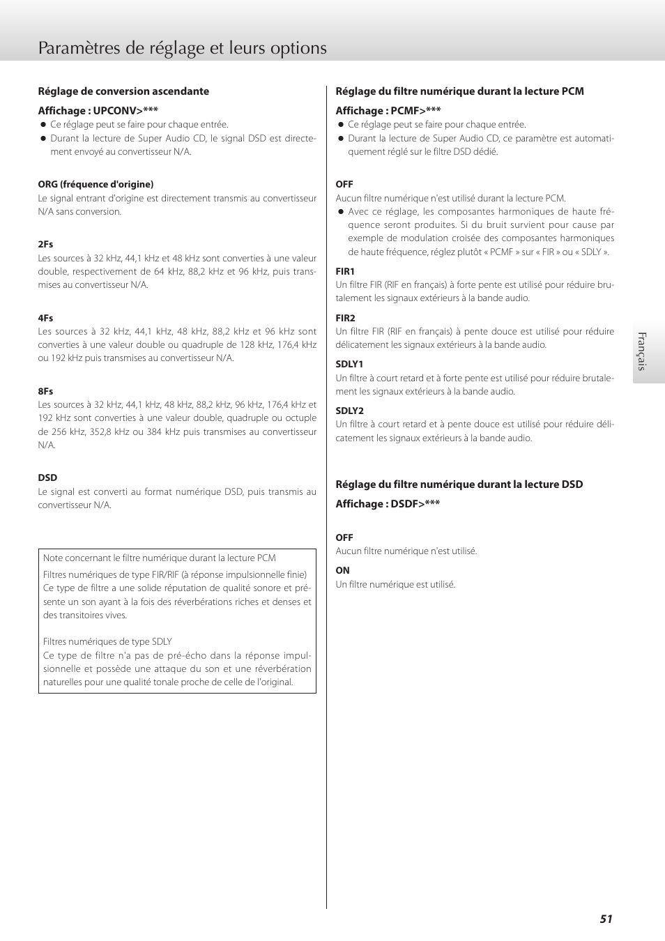 Paramètres de réglage et leurs options | Teac K-01X User Manual | Page 51 / 84