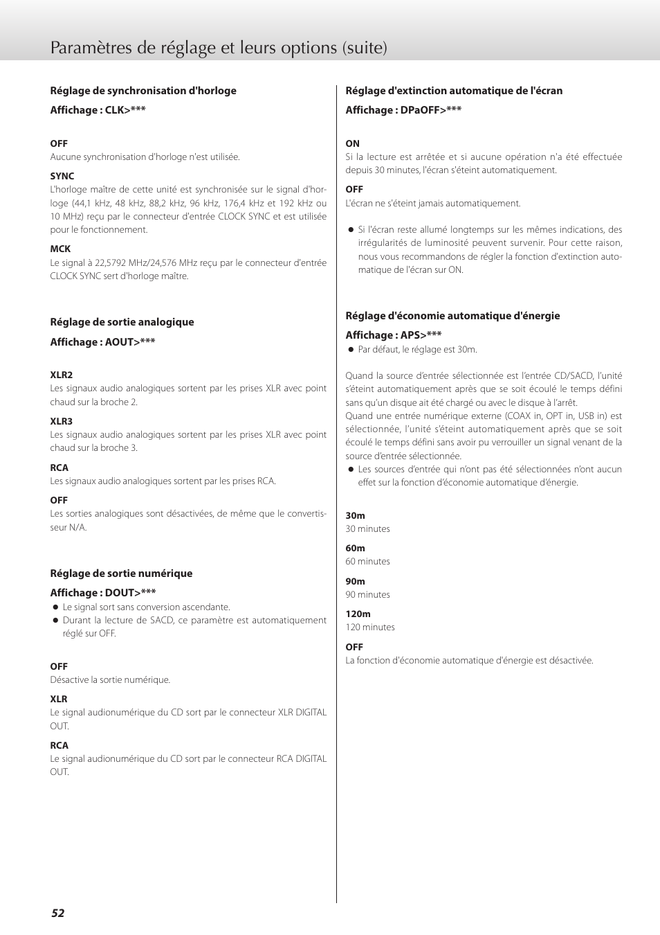 Paramètres de réglage et leurs options (suite) | Teac K-01X User Manual | Page 52 / 84