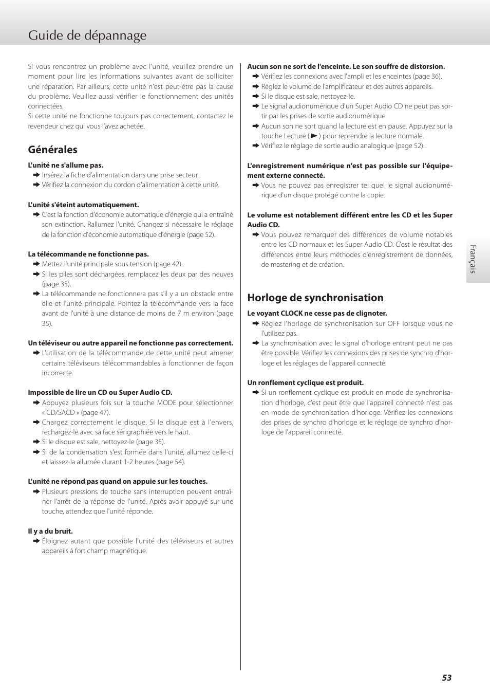 Guide de dépannage, Générales, Horloge de synchronisation | Teac K-01X User Manual | Page 53 / 84