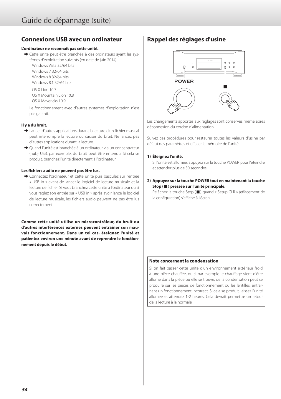 Guide de dépannage (suite), Connexions usb avec un ordinateur, Rappel des réglages d'usine | Teac K-01X User Manual | Page 54 / 84