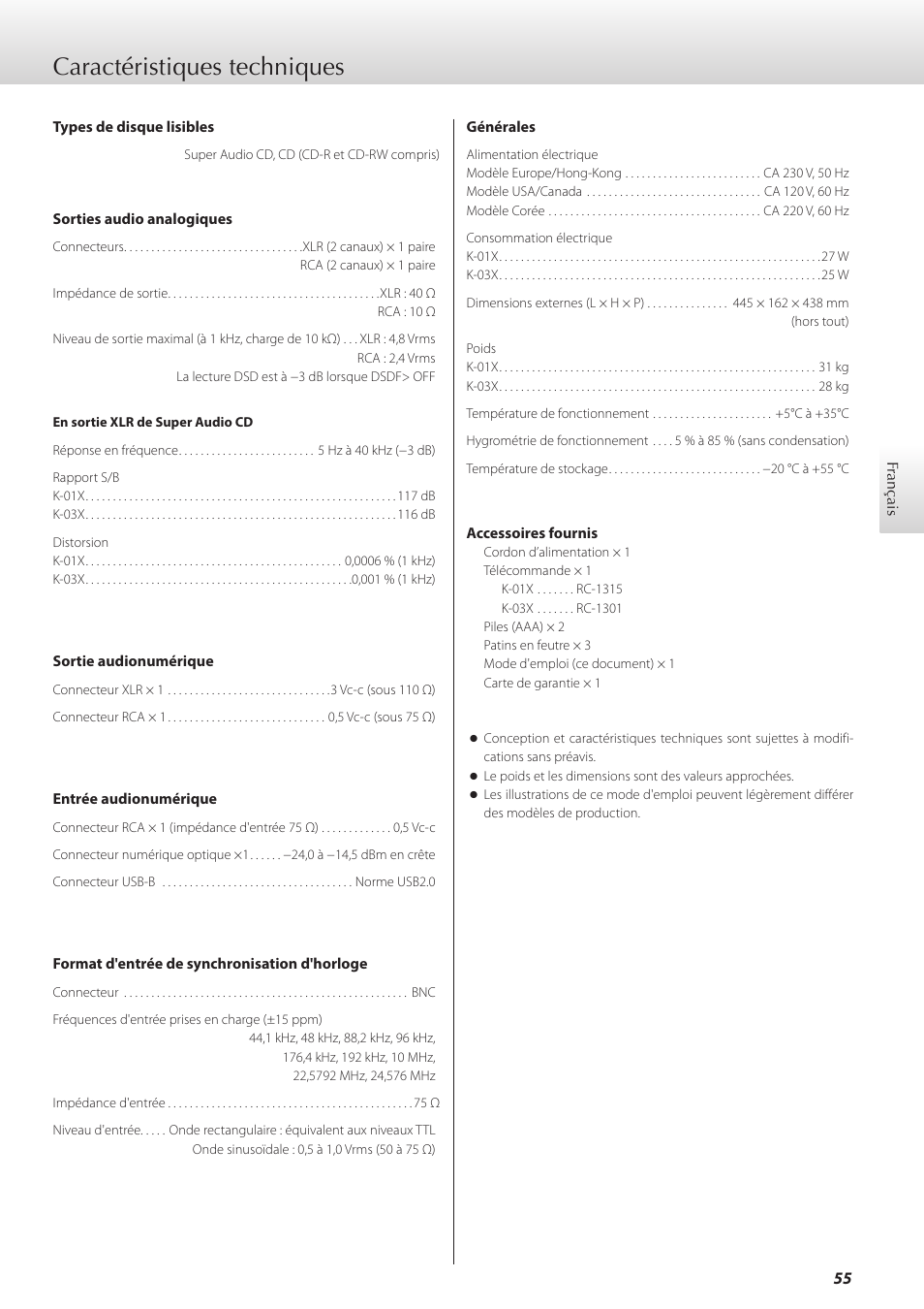 Caractéristiques techniques | Teac K-01X User Manual | Page 55 / 84