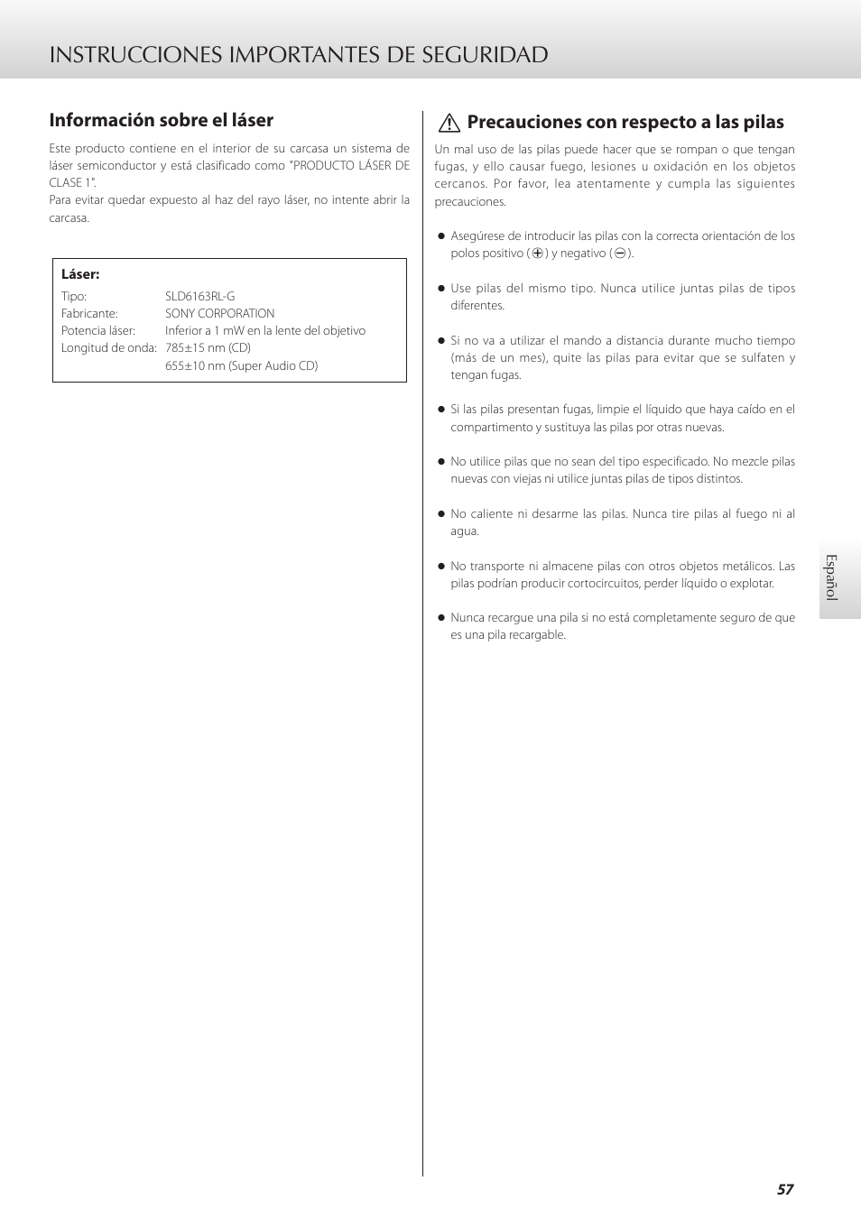 Español, Instrucciones importantes de seguridad, Información sobre el láser | Vprecauciones con respecto a las pilas | Teac K-01X User Manual | Page 57 / 84