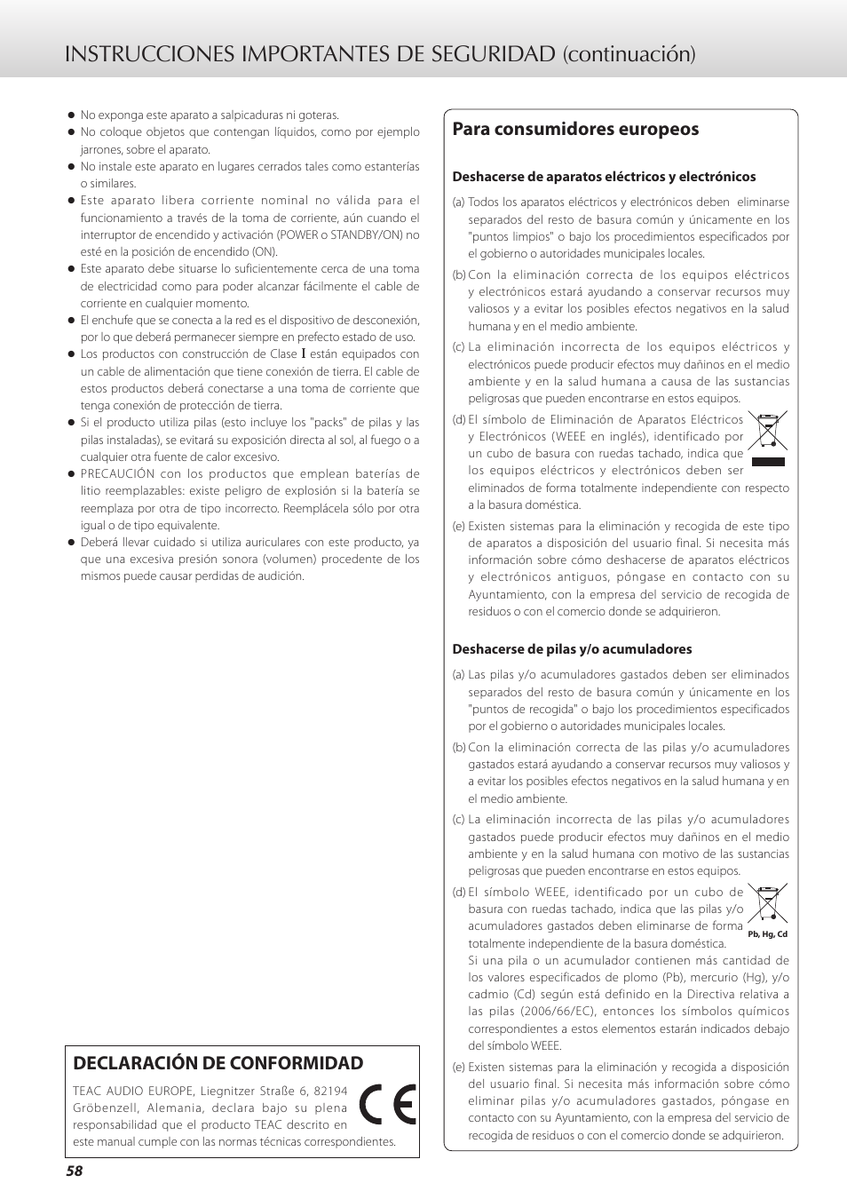 Para consumidores europeos, Declaración de conformidad | Teac K-01X User Manual | Page 58 / 84