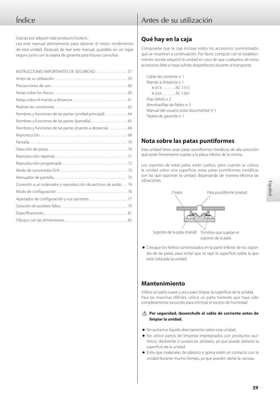 Antes de su utilización, Índice, Qué hay en la caja | Nota sobre las patas puntiformes, Mantenimiento | Teac K-01X User Manual | Page 59 / 84