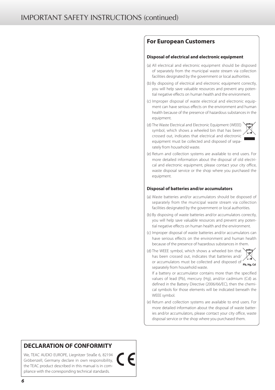 Important safety instructions (continued), For european customers, Declaration of conformity | Teac K-01X User Manual | Page 6 / 84