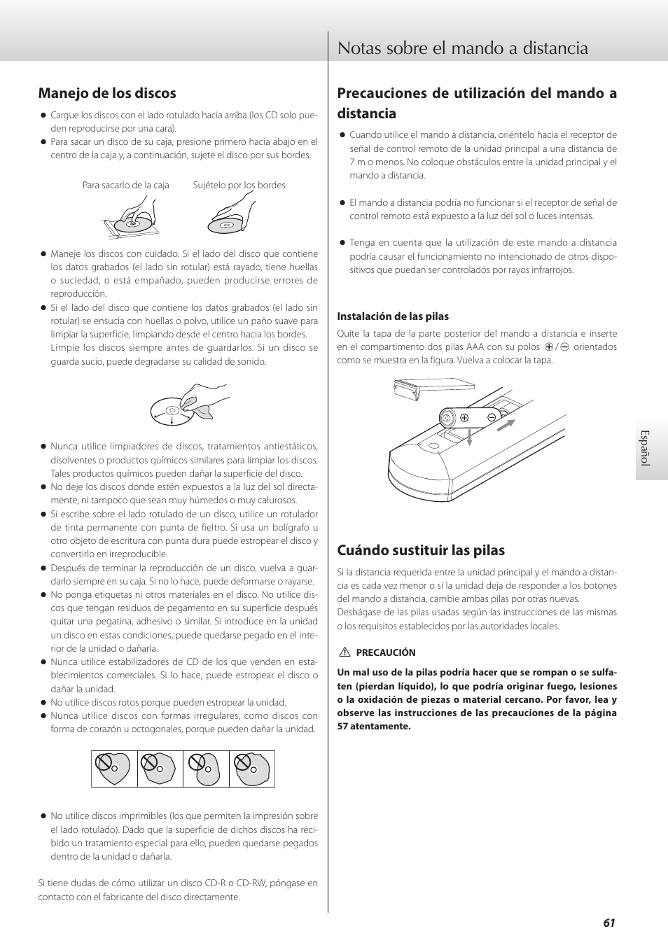 Notas sobre el mando a distancia, Precauciones de utilización del mando a distancia, Cuándo sustituir las pilas | Manejo de los discos | Teac K-01X User Manual | Page 61 / 84