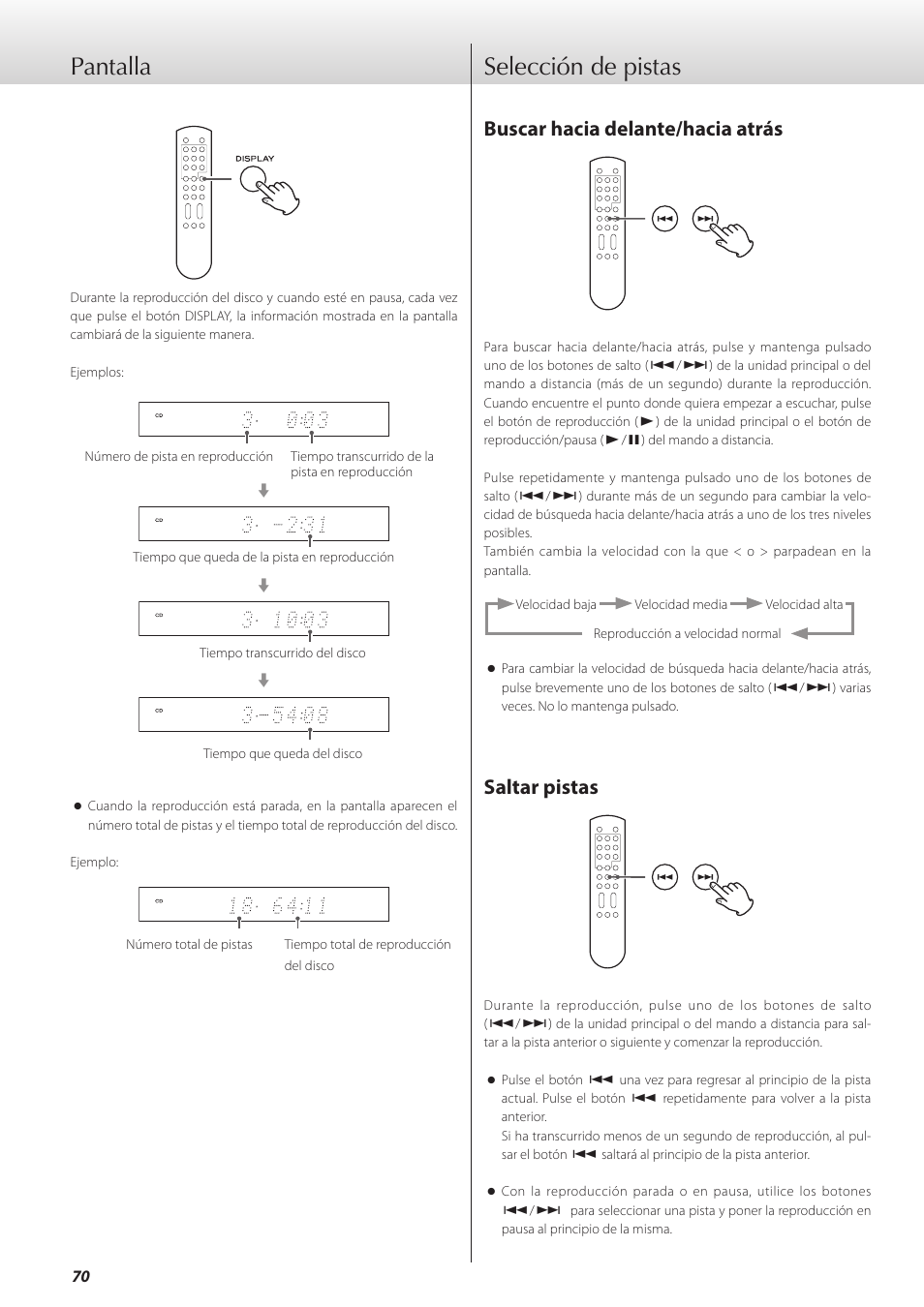 Pantalla, Selección de pistas, Pantalla selección de pistas | Buscar hacia delante/hacia atrás, Saltar pistas | Teac K-01X User Manual | Page 70 / 84