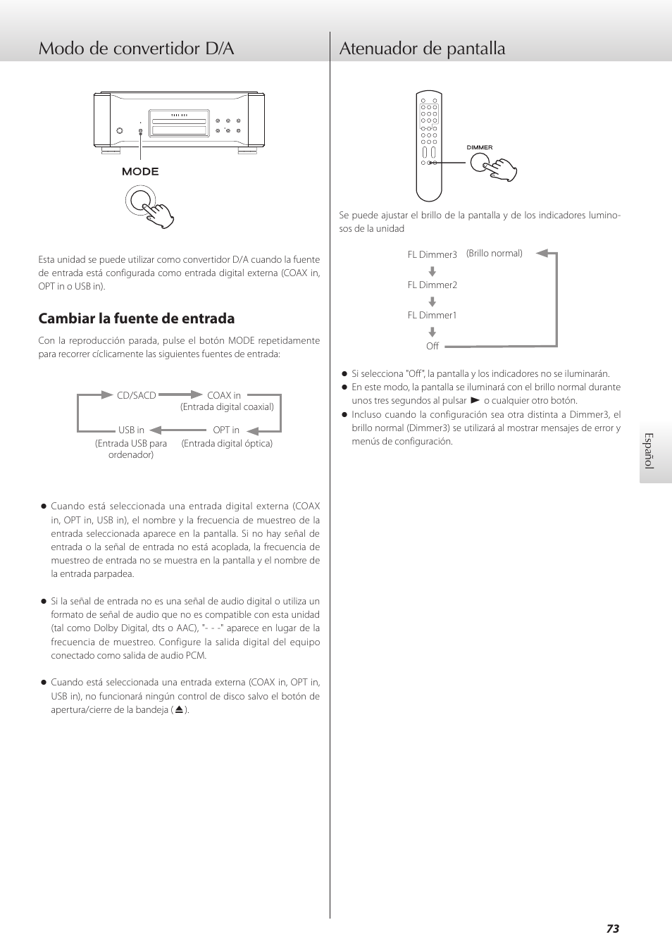 Modo de convertidor d/a, Atenuador de pantalla, Modo de convertidor d/a atenuador de pantalla | Cambiar la fuente de entrada | Teac K-01X User Manual | Page 73 / 84