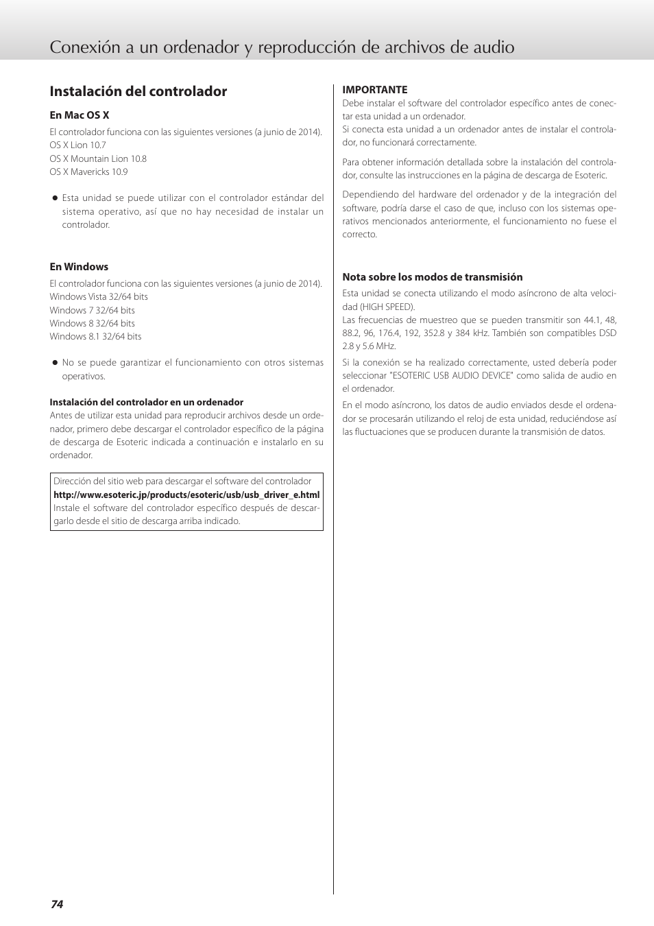 74 y, Instalación del controlador | Teac K-01X User Manual | Page 74 / 84