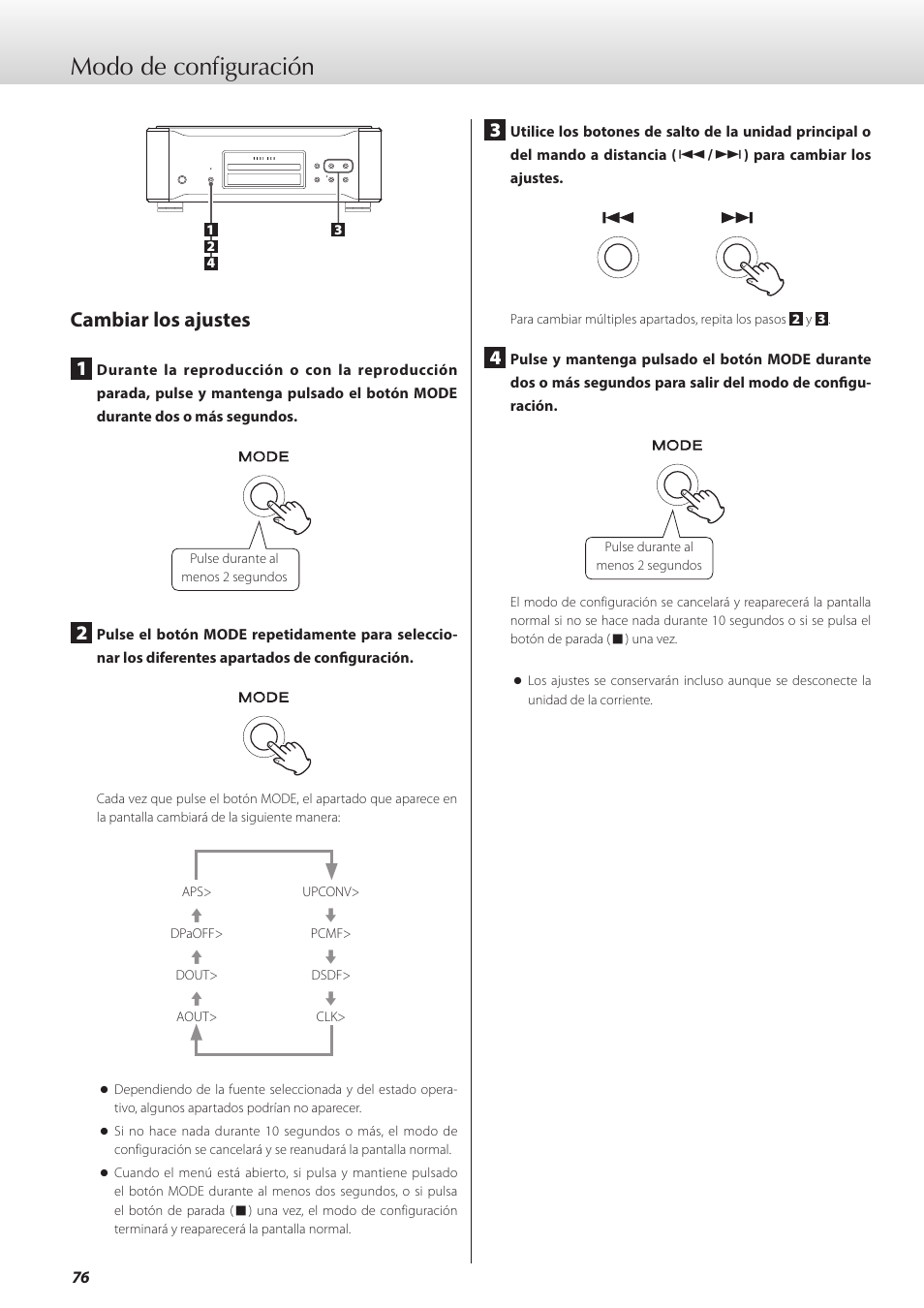 Modo de configuración, Cambiar los ajustes | Teac K-01X User Manual | Page 76 / 84