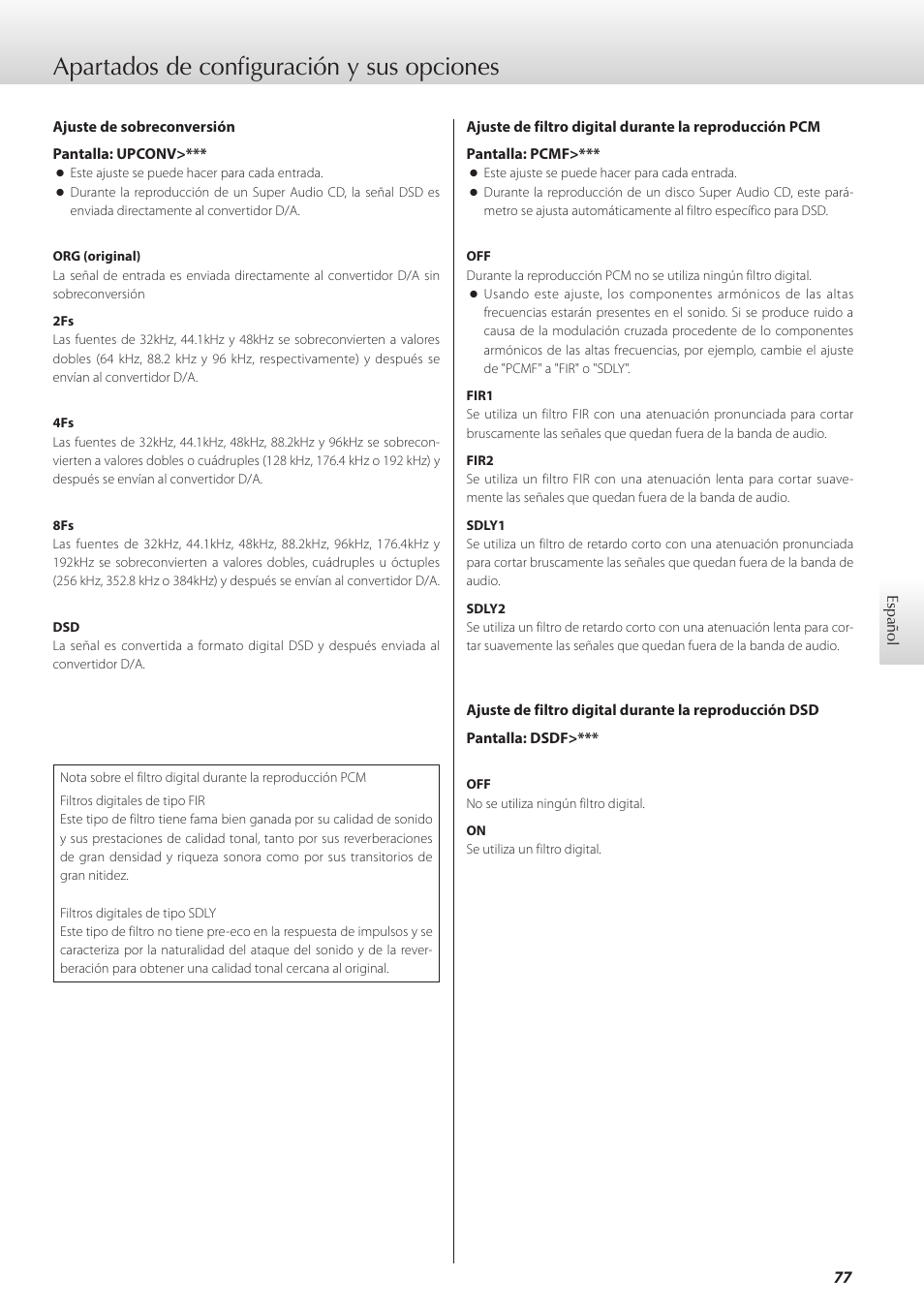 Apartados de configuración y sus opciones | Teac K-01X User Manual | Page 77 / 84