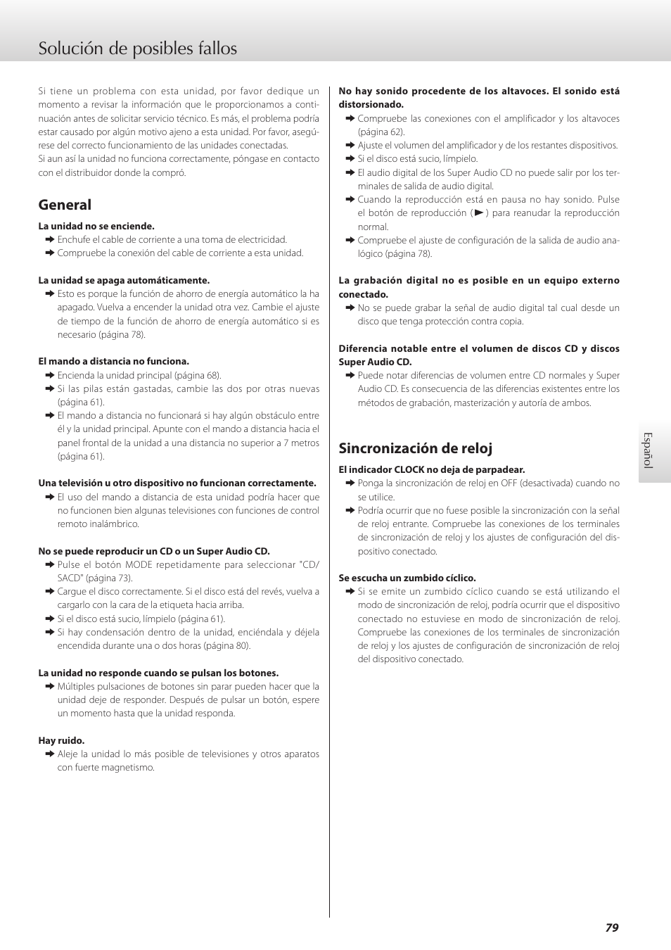 Solución de posibles fallos, General, Sincronización de reloj | Teac K-01X User Manual | Page 79 / 84
